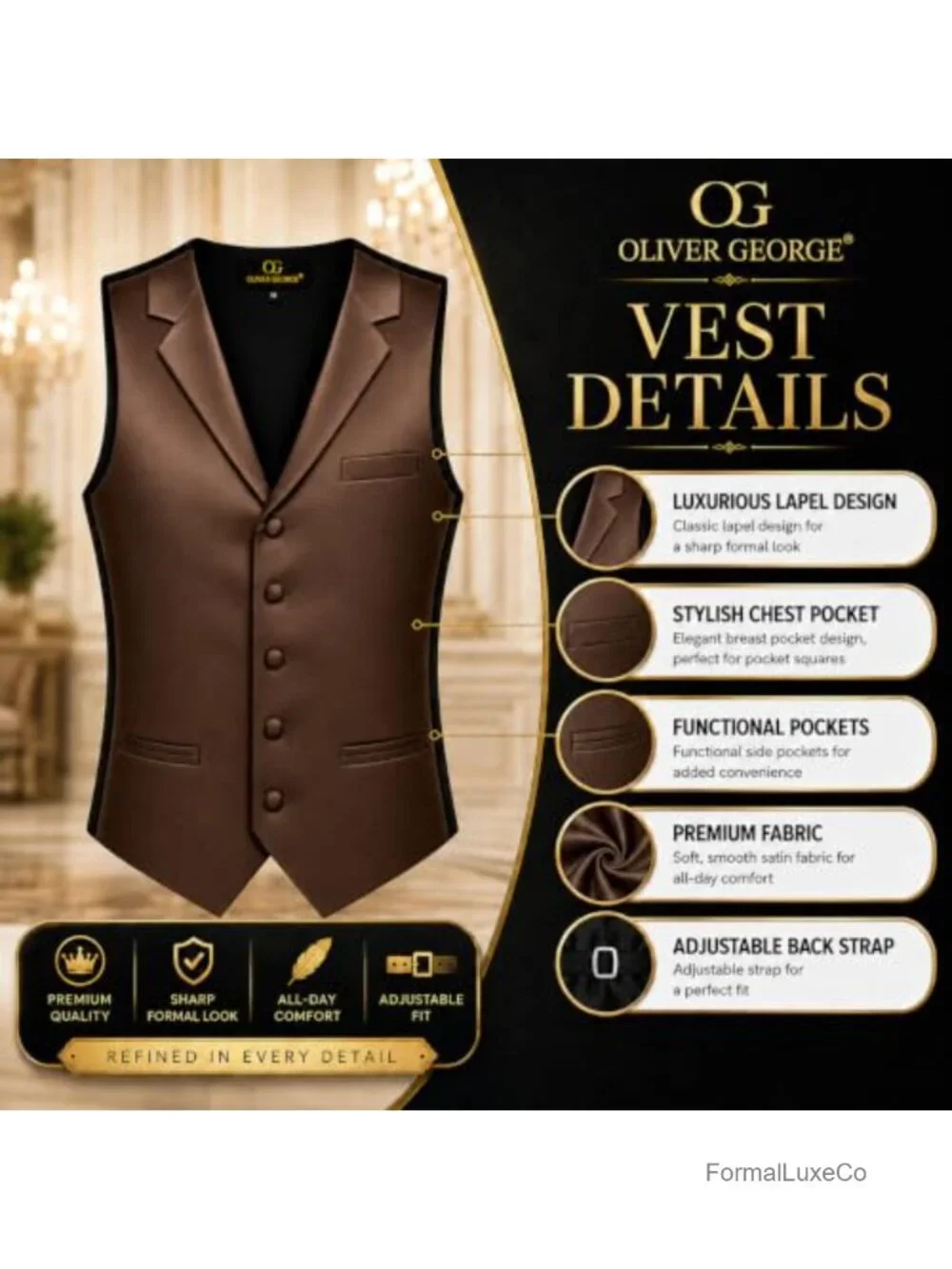 Men's 3-Piece Shawl Lapel Tuxedo Vest Set with Bow Tie & Handkerchief